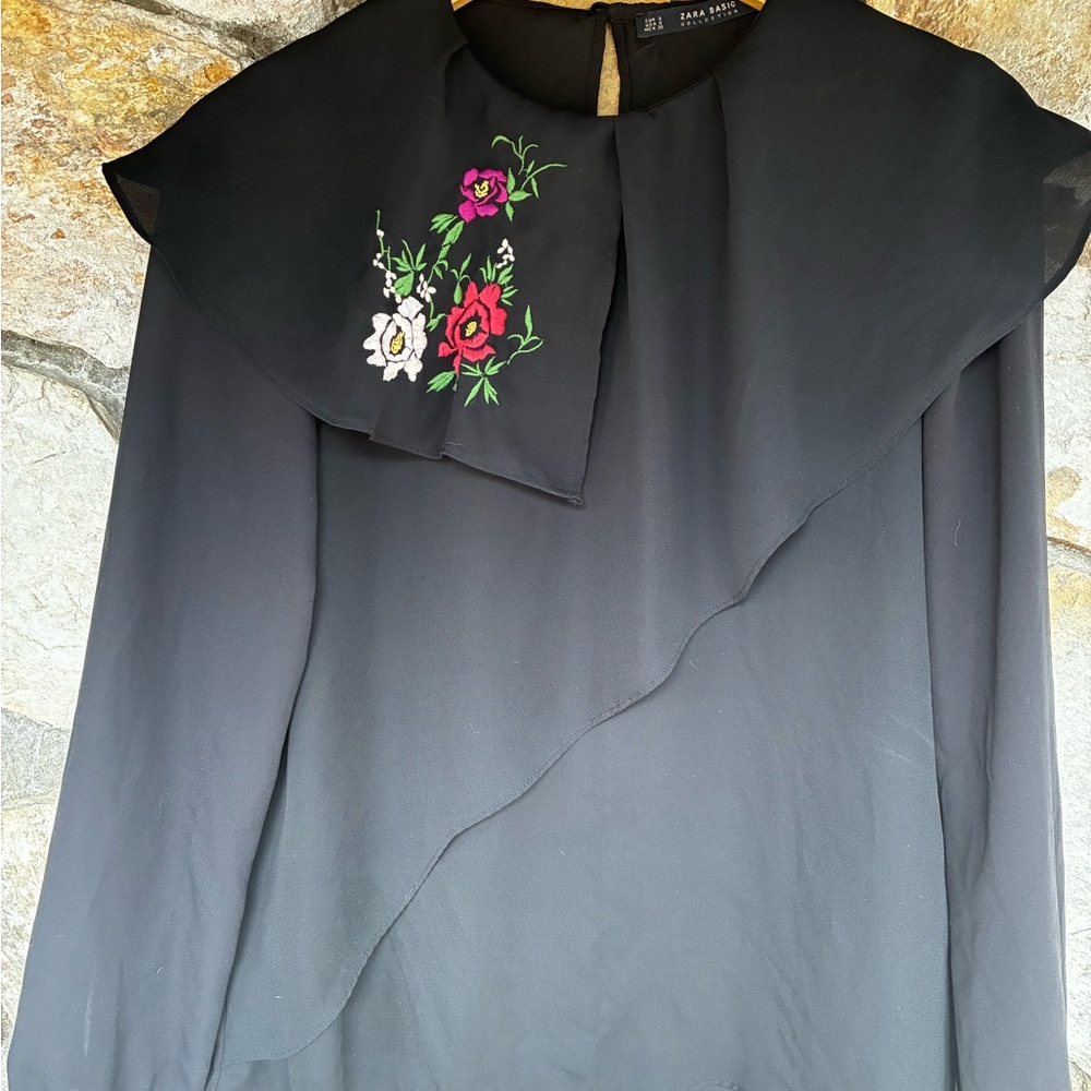 Zara Silk Black Floral Embroidered Women's blouse